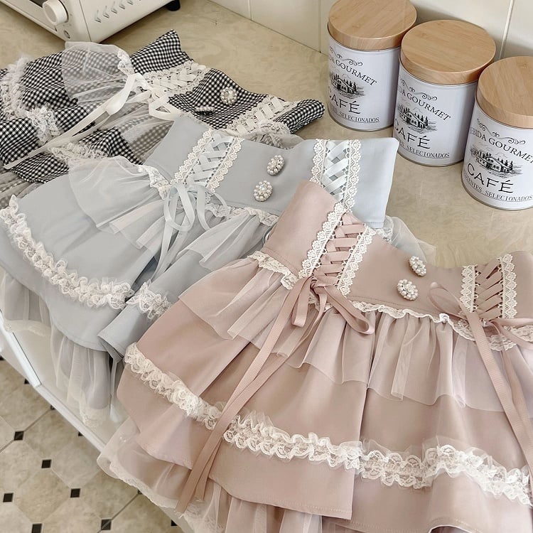 Rhinestone Embellishments Blue Jirai Kei Light Tiered Skirt with Lace-up High Waist