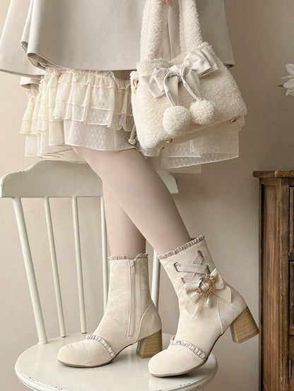 Apricot Lace-Up Round Toe Bow-Adorned Sweet Lolita Ankle Boots - Magic Peach