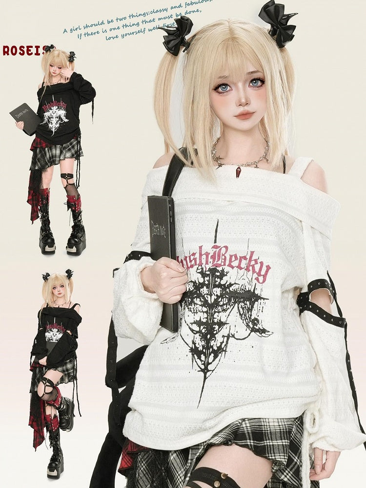 Y2K ブラック/ホワイト クロスプリント カットアウトディテール オフショルダー ネックライン パンクトップ