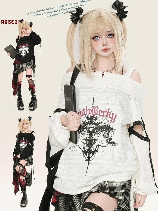 Y2K ブラック/ホワイト クロスプリント カットアウトディテール オフショルダー ネックライン パンクトップ