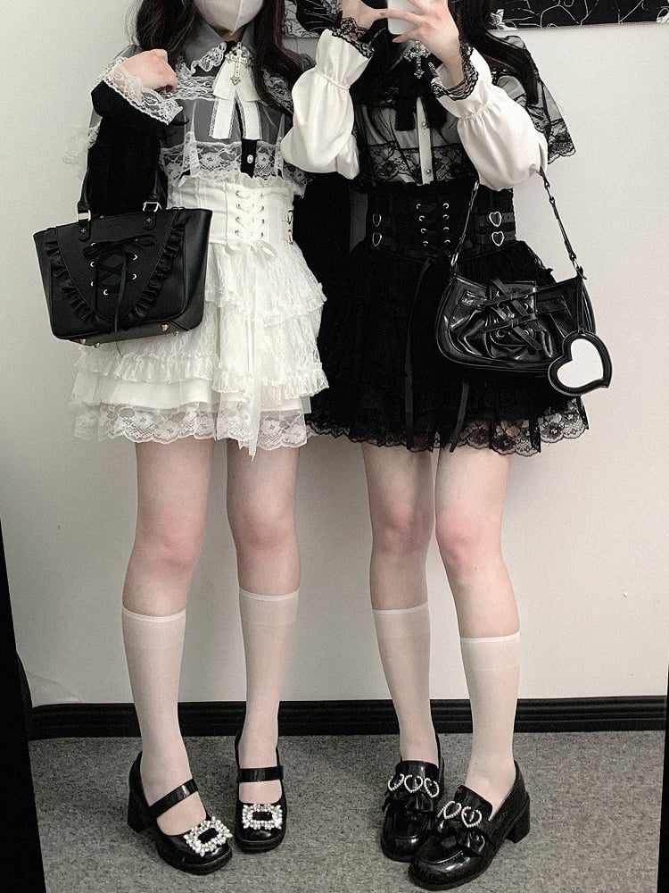 Jirai Kei Blue Heart Buckles Lace-up Detail Landmine Style High Waist Lace Tiered Skirt