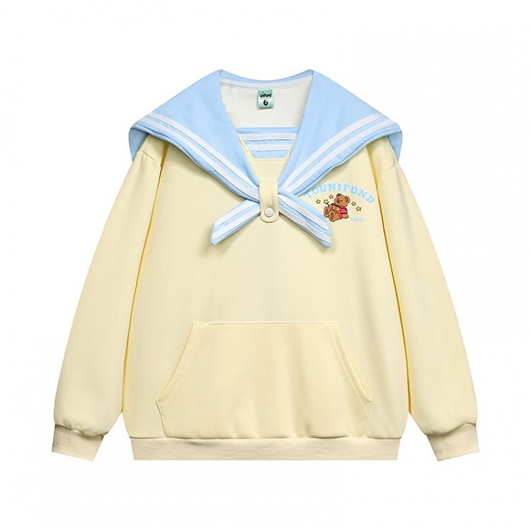 Hellgelb/Weiß/Marineblauer süßer Bären-Plüsch-Kapuzenpullover mit Matrosenkragen