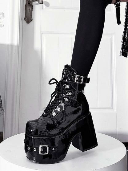 Bittersweet Buckled Lace-Up Ankle Boots in Black PU with Cross Accents, Inner Zip & High Block Heels - Transfer Student
