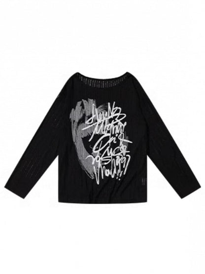 Loose Black Graffiti Pullover Print Fit Knit with Off-the-shoulder