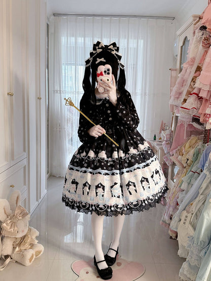 Peter Pan Collar Sweet Lolita Black Long Sleeves Dress with Bunny and Snowflake Print