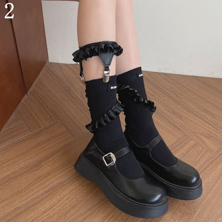 Schwarz/Weiße Socken mit Besatz/Schwarze Y2K-Beinrüschenschlaufe