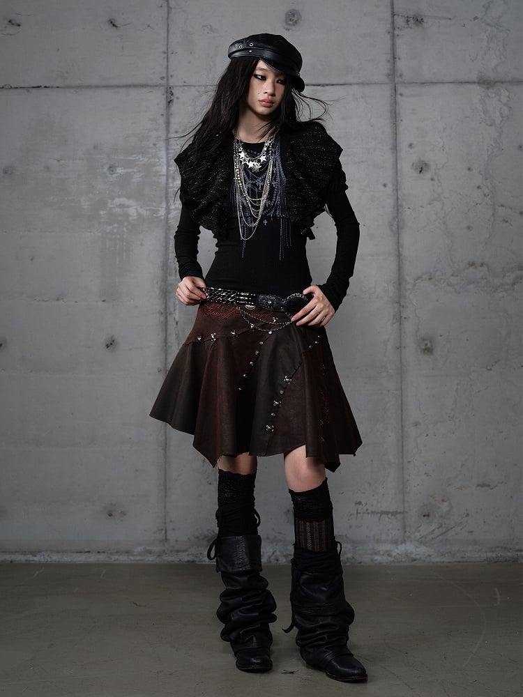 Asymmetrischer Rock Punk Rot mit Stickerei Ödland Saum Braun Blumen Wildleder