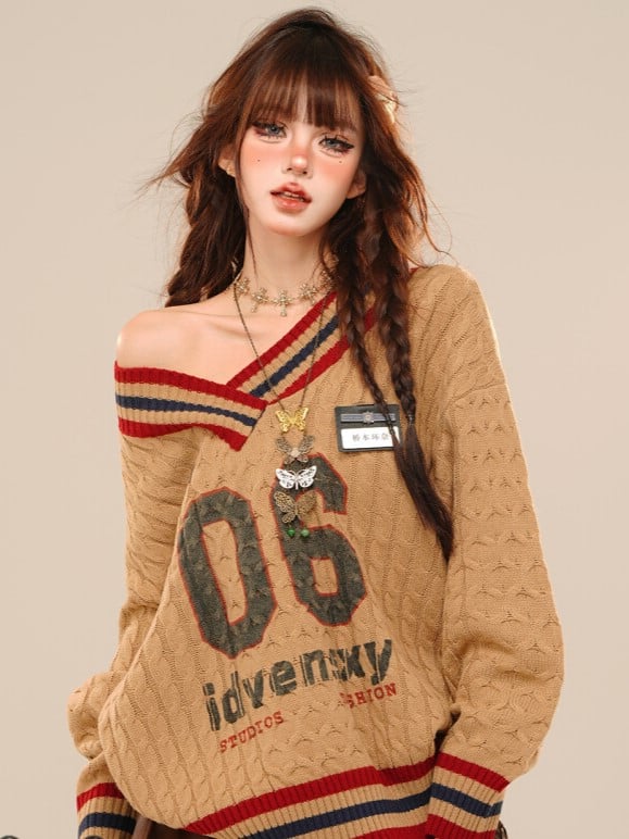 Orange Number Sweater Pattern and V-neck Letter Kawaii