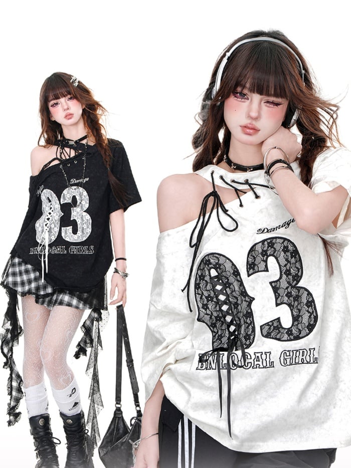 Black/White Cutout Shoulder Letter T-Shirt Lace-up Detail at Shoulder