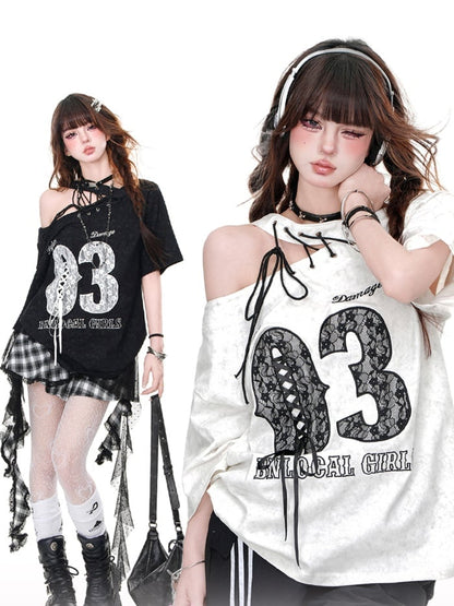 Black/White Cutout Shoulder Letter T-Shirt Lace-up Detail at Shoulder