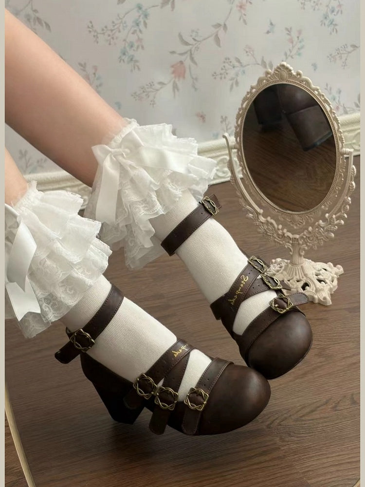 Brown Round-Toe Shoes with Square Buckle Straps and 6cm Heel - Dita Lolita Shoes