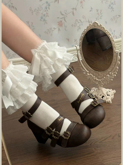 Brown Round-Toe Shoes with Square Buckle Straps and 6cm Heel - Dita Lolita Shoes