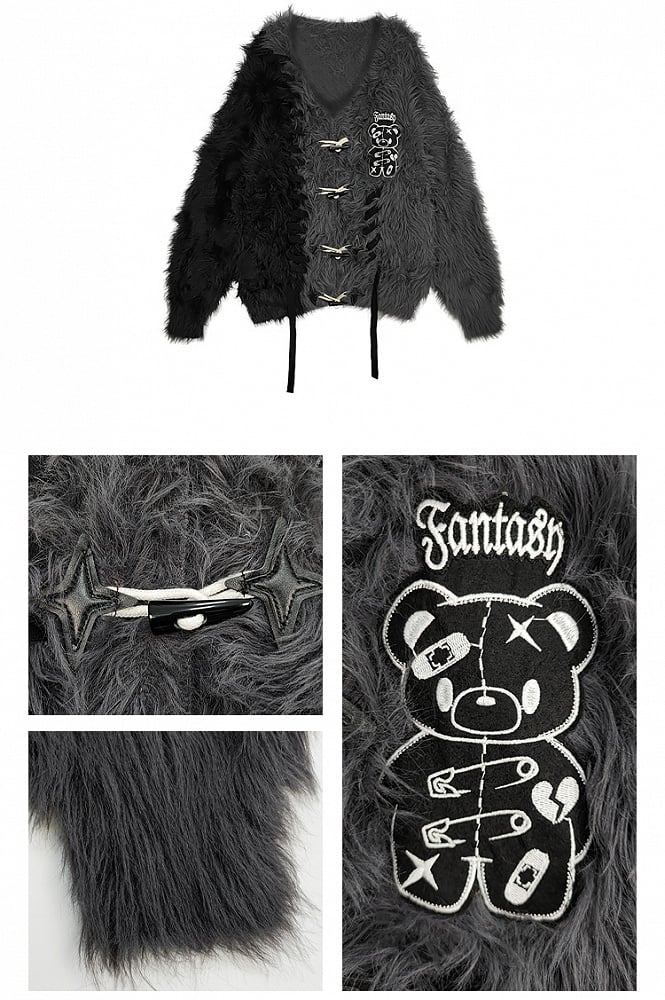 ブラック＆グレーのカラーブロックパンクベアアップリケルーズカーディガン