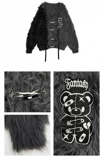 ブラック＆グレーのカラーブロックパンクベアアップリケルーズカーディガン