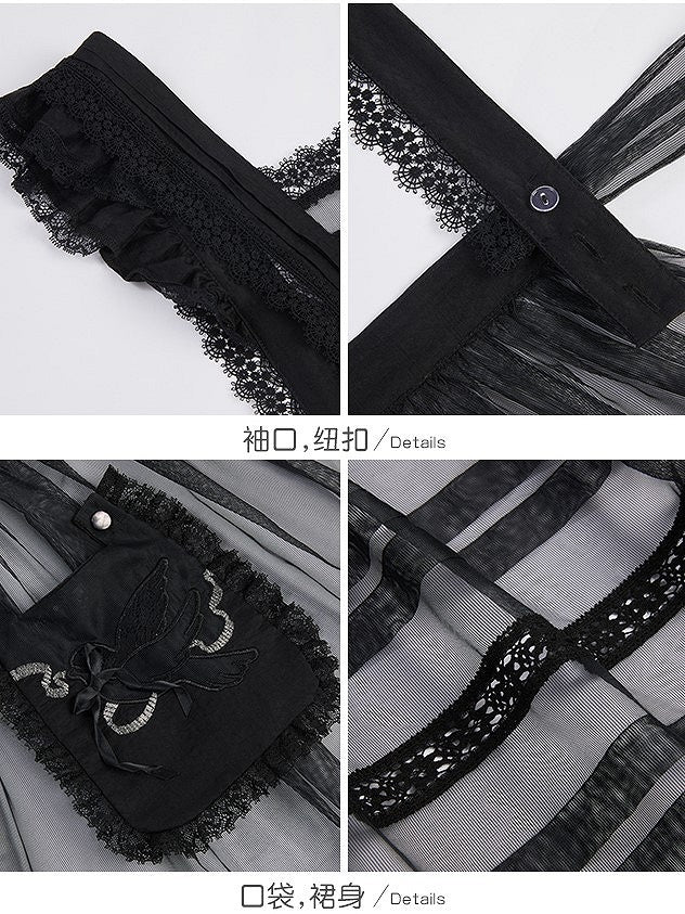 with Embroidered Pocket Overdress Black Lolita Lace-Trimmed