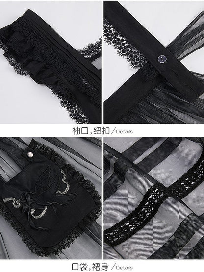 with Embroidered Pocket Overdress Black Lolita Lace-Trimmed