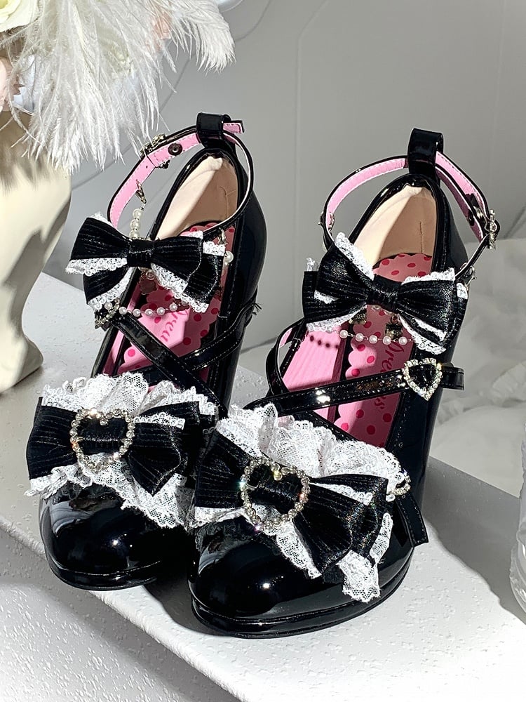 Chain Heart - Details Black Heels Crystal Detachable Leather Lolita PU Beaded Heart-Shaped with Heel Hime