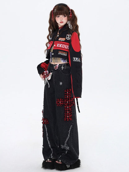 with Jacket Black Embroidery Fleece and Two-Way Baseball Letters Colorblock Detachable Red