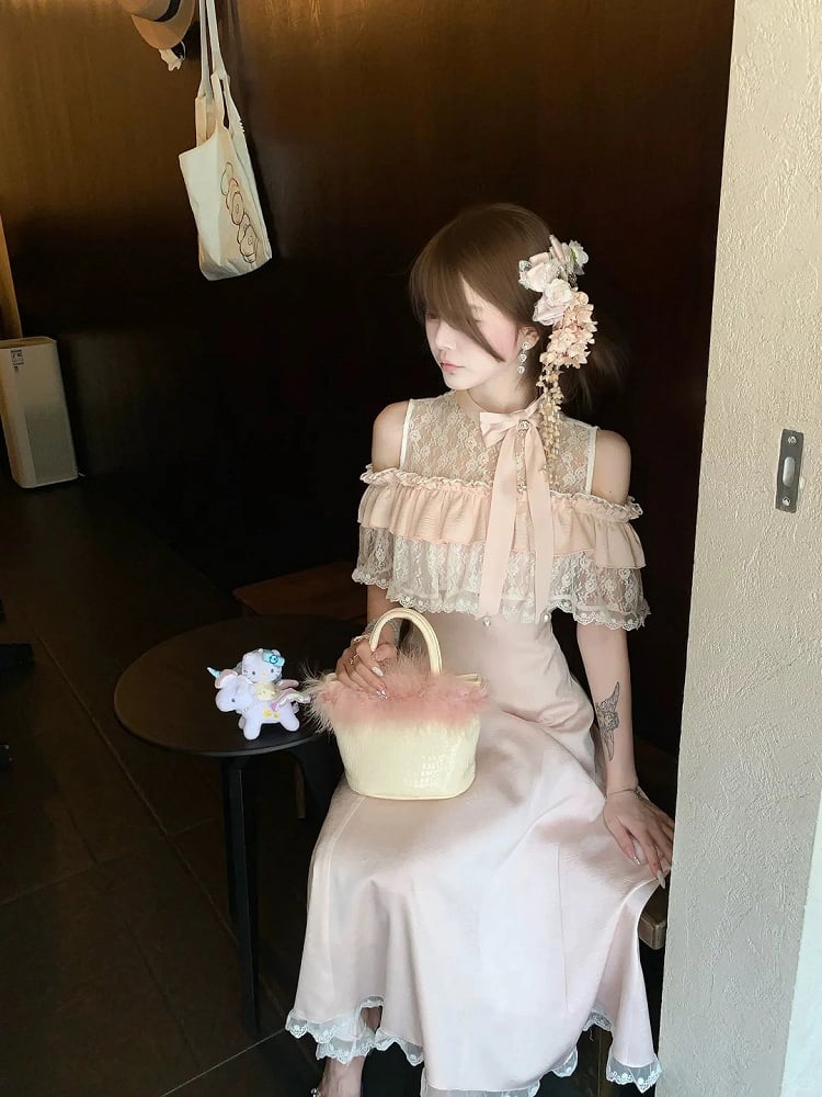 Pink Dress Illusion Neckline Off-Shoulder Kei Jirai Elegant Maxi with