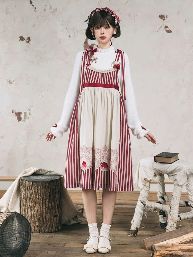 on Embroidery Autumn Top Neckline White Cuffs Knit Bowknot Strawberry