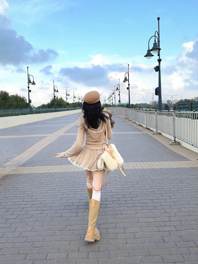 Bow Knit With Adjustable Milk Front Lace-Up Hoodie Tea Accents