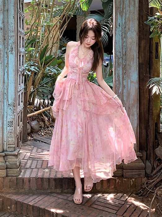 Pink Oil Painting Print Ruffle Trim Summer Holiday Dress - Qchiwawameme