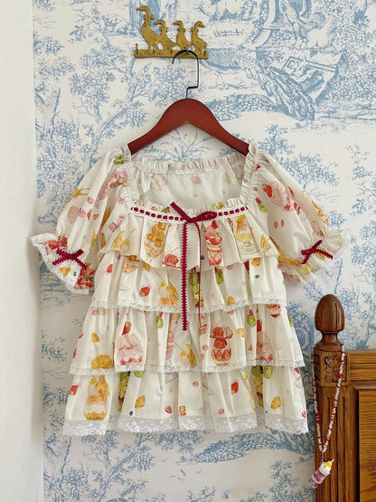 ショートパフェフルーツトップスリーブサマープリントクリーム