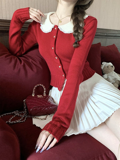 Red Knit Peter Pan Collar Cardigan with Lace - Qchiwawameme