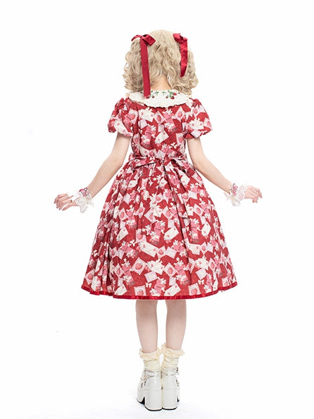 Dress Sleeves Red Lolita Strawberry Embroidered with Beige Sweet Puff Collar Print