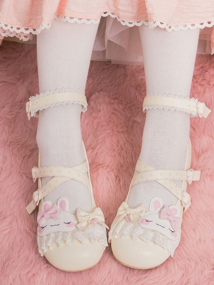 Lolita Lace Trim Bowknot Crisscross Shoes Design Applique Details Yellow Polka-dot Pattern Bunny Sweet