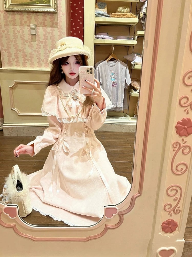 Clean Kei Lacing Jirai Dress Cape Waist Innocent Wool with Thick Style Pink