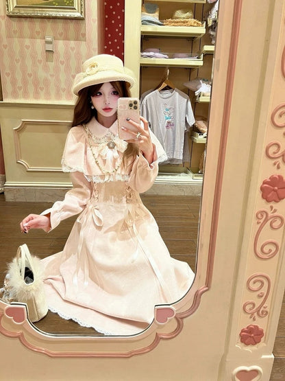 Clean Kei Lacing Jirai Dress Cape Waist Innocent Wool with Thick Style Pink