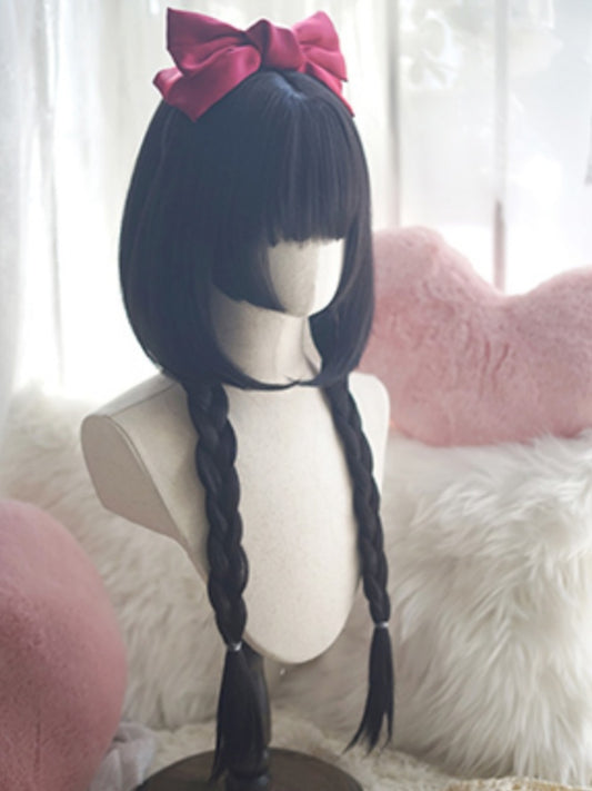 Schwarze/braune/hellblonde/weiß-blaue, hüftlange, glatte Perücke mit vollem Pony