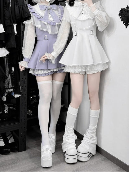 Purple Cape Design Long Sleeve Dress with Lace and Shorts Set - Faded Dolls