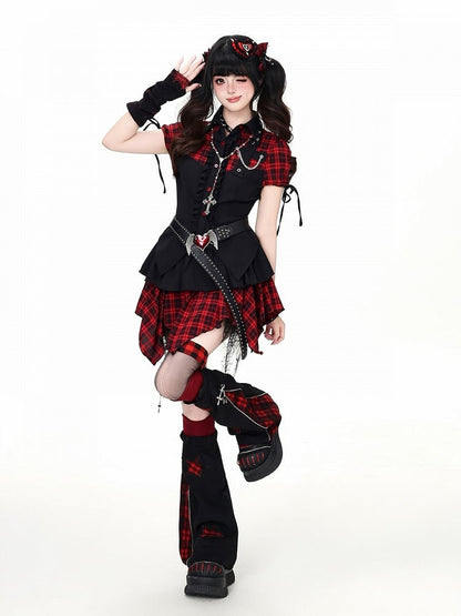 Sweet Edgy Kawaii Red Black Plaid Asymmetrical Hem Skirt - CRAZY GIRL