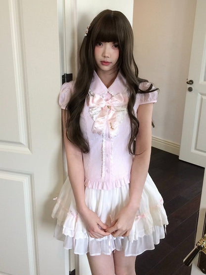 Pink Details Lace Blouse Seiso-Kei Ruffle Short Sleeve Striped With Bow Style