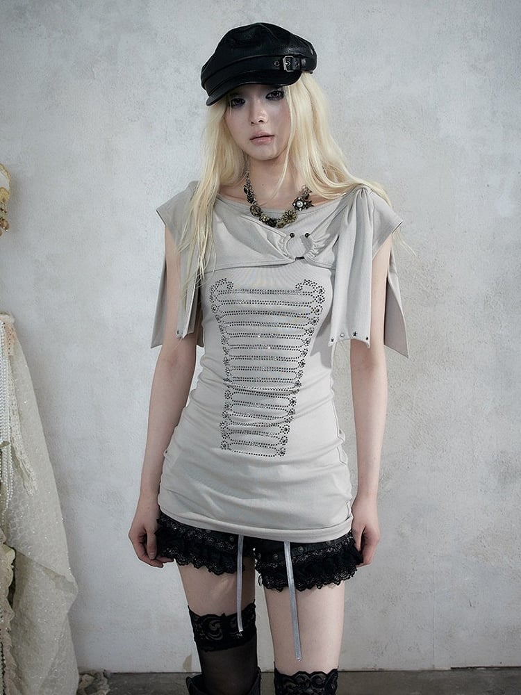 Beige-Grey Knit Short-Sleeve Top with Rhinestone Design - NO ROMANCE