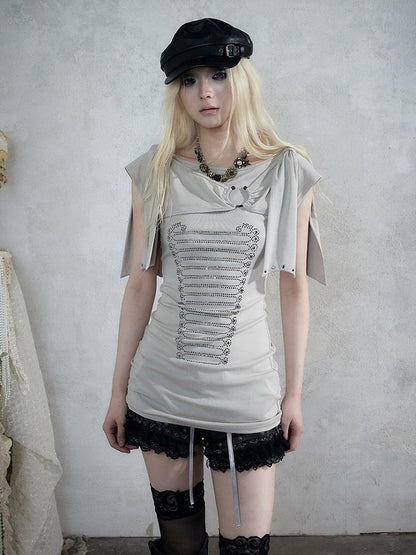 Beige-Grey Knit Short-Sleeve Top with Rhinestone Design - NO ROMANCE