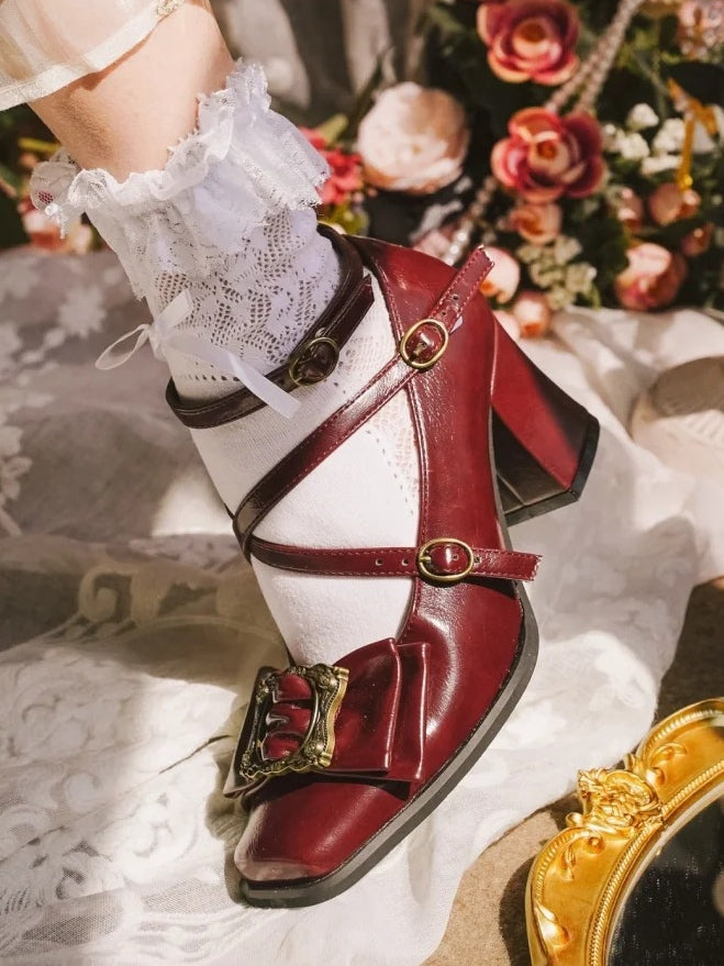 Crisscross Mid-heel Square Shoes Fashion Wine Design - Red 1990s Toe Vintage