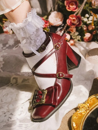 Crisscross Mid-heel Square Shoes Fashion Wine Design - Red 1990s Toe Vintage