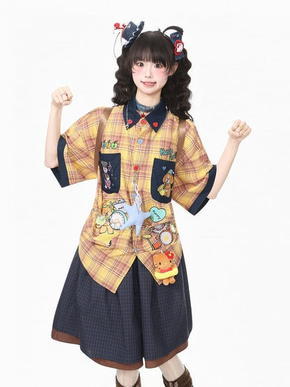 Yellow Plaid Short Sleeve Shirt with Puppy Embroidery - Languid Park