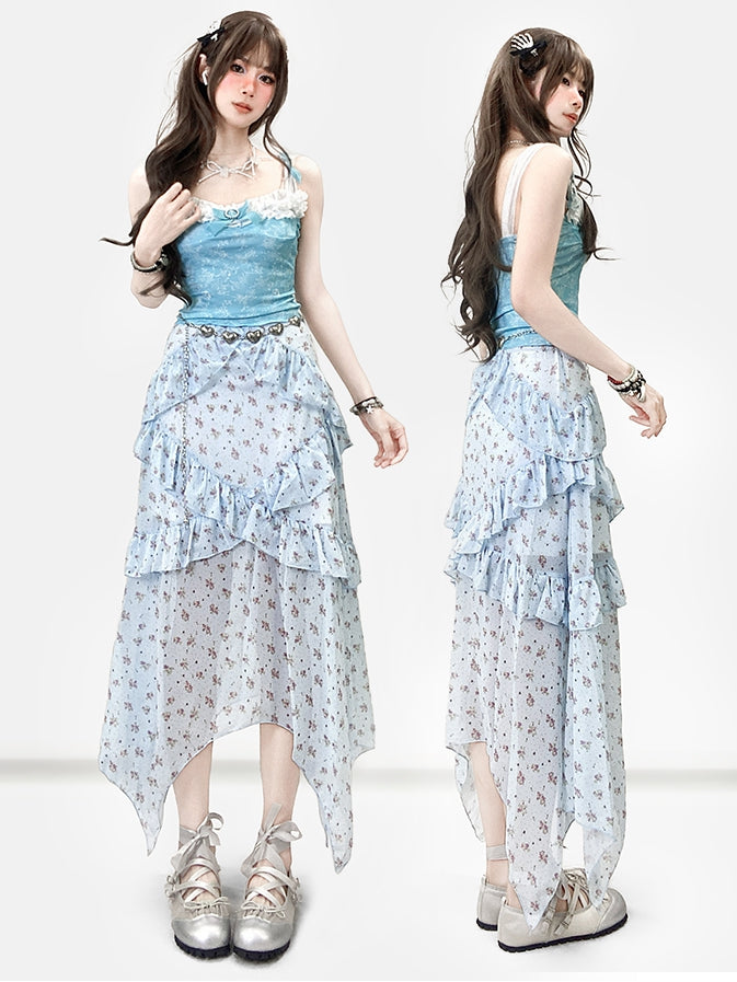 Top Holiday Trim Floral Bowknot + Details Cami Ruffles Blue