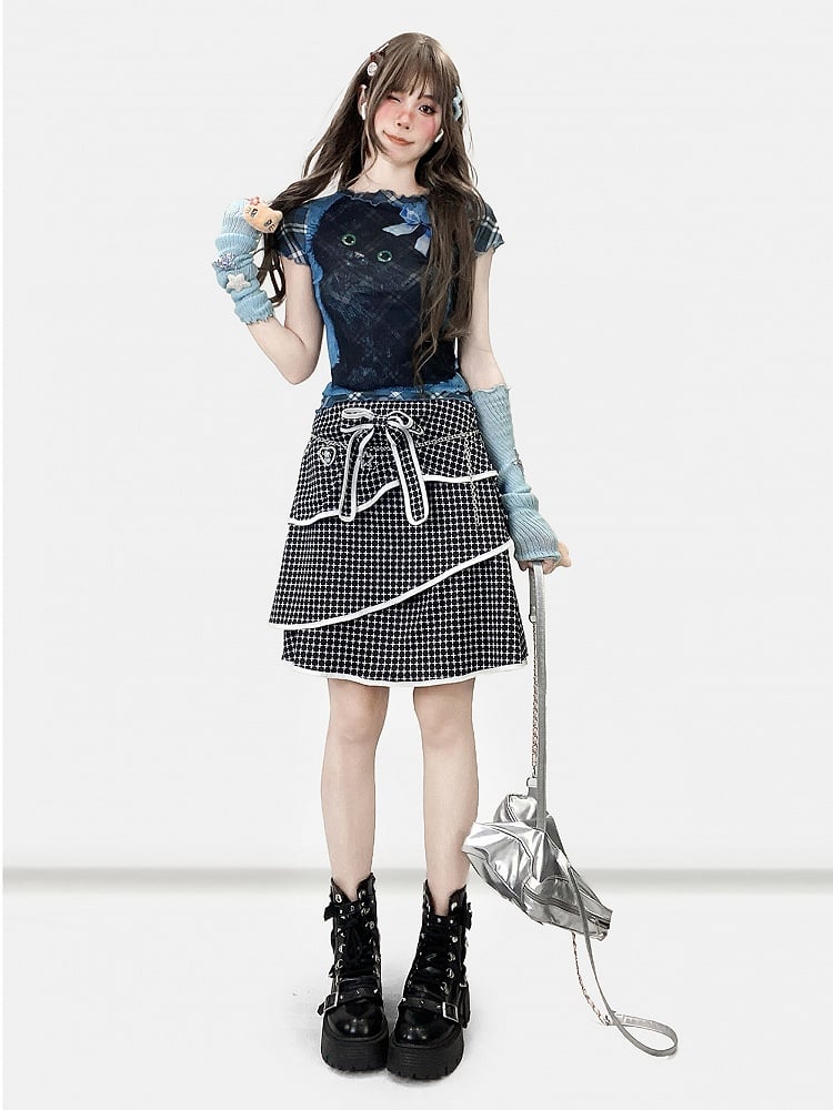 Plaid und Muster Bittersüß gerollt Druck Buchstabe Katze Y2K blau