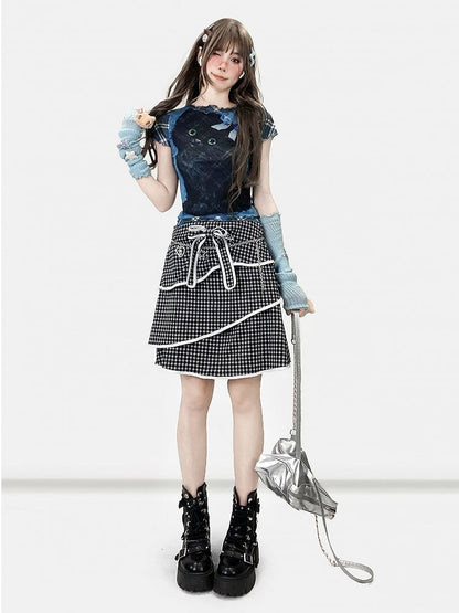 Plaid und Muster Bittersüß gerollt Druck Buchstabe Katze Y2K blau