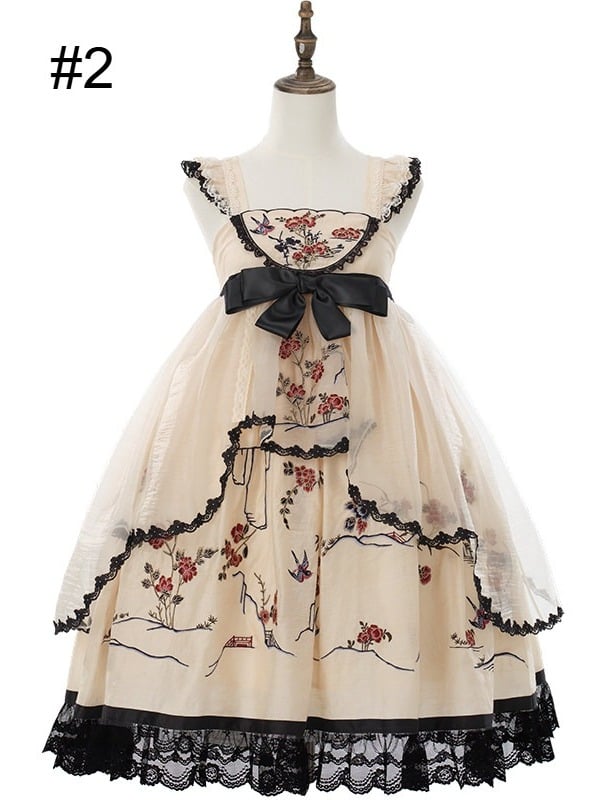 Hanfu Lolita Floral Bird Jumper Dress in Soft Yellow and Black - Yimu Walnut