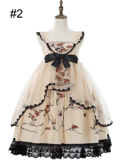 Hanfu Lolita Floral Bird Jumper Dress in Soft Yellow and Black - Yimu Walnut
