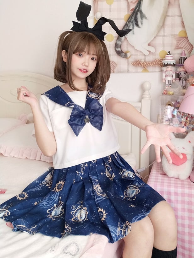Navy Blue Celestial Globes Print JK Uniform Pleated Skirt