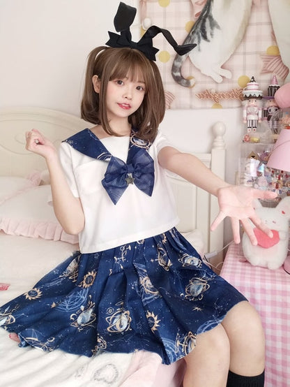 Navy Blue Celestial Globes Print JK Uniform Pleated Skirt