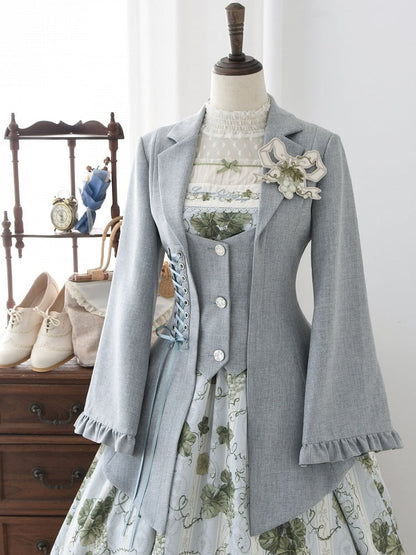 Gray-Blue Retro Elegant Lace-Up Blazer