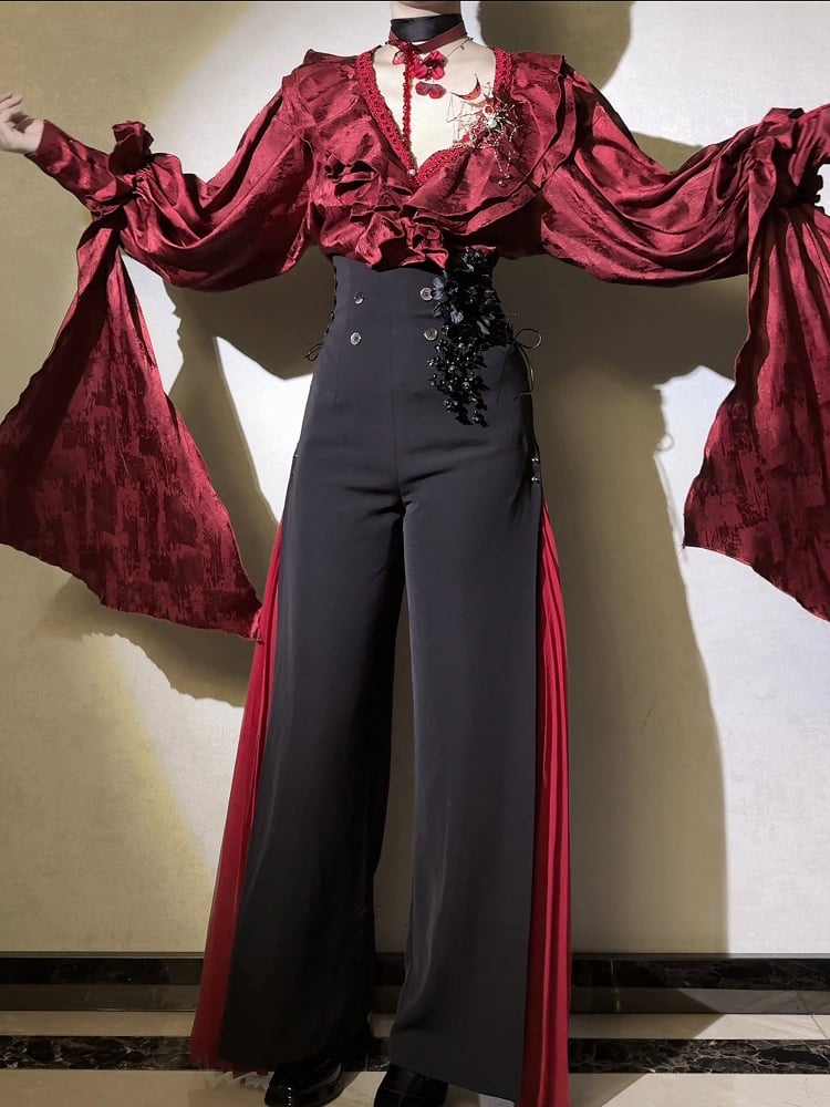 Wide-leg Ouji Pants Red Fashion Panel Black 110cm Pleated ( Extended ) High With Length Waist Chiffon